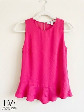 Diane von Furstenberg DVF Hot Pink 100% Silk Ruffle Hem Tank Top Petite P